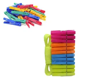 12 Pack Plastic Clothes Pegs With Rope Outdoor Washing Clothes Line Pegs 5419 (Parcel Rate)