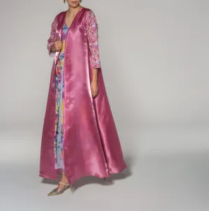 Dark Pink Silk Taffeta Beaded Sleeves Abaya