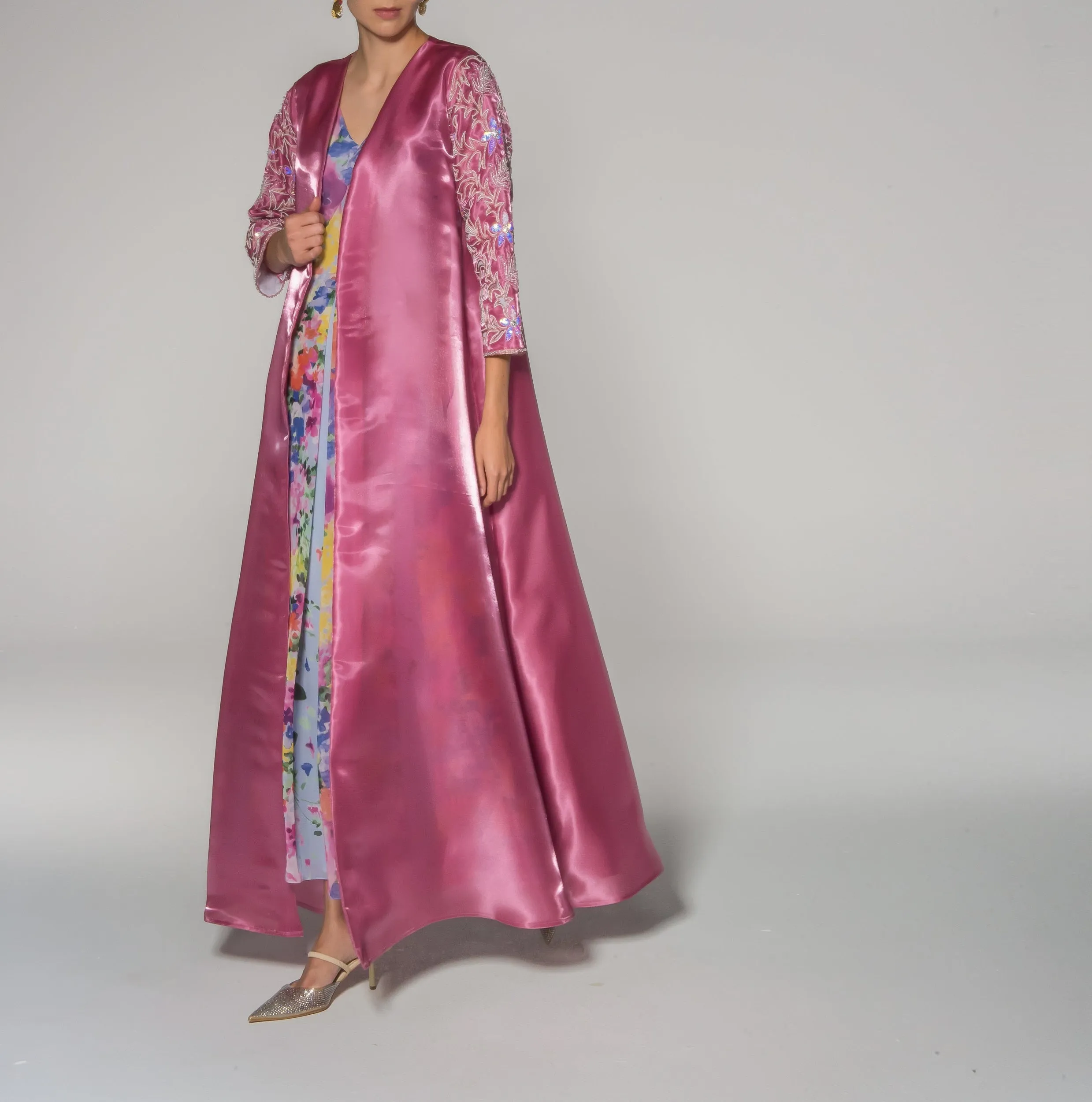 Dark Pink Silk Taffeta Beaded Sleeves Abaya