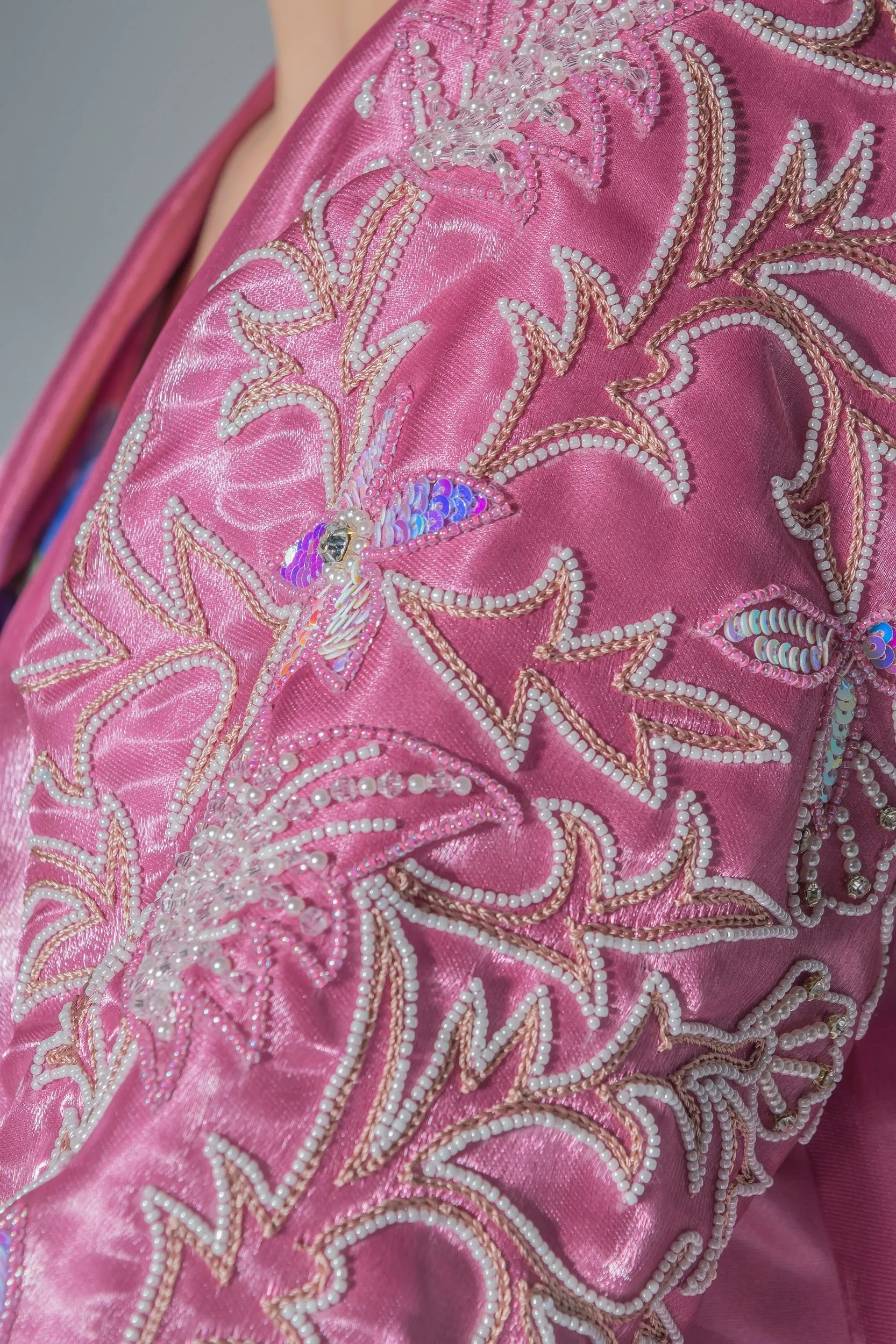 Dark Pink Silk Taffeta Beaded Sleeves Abaya