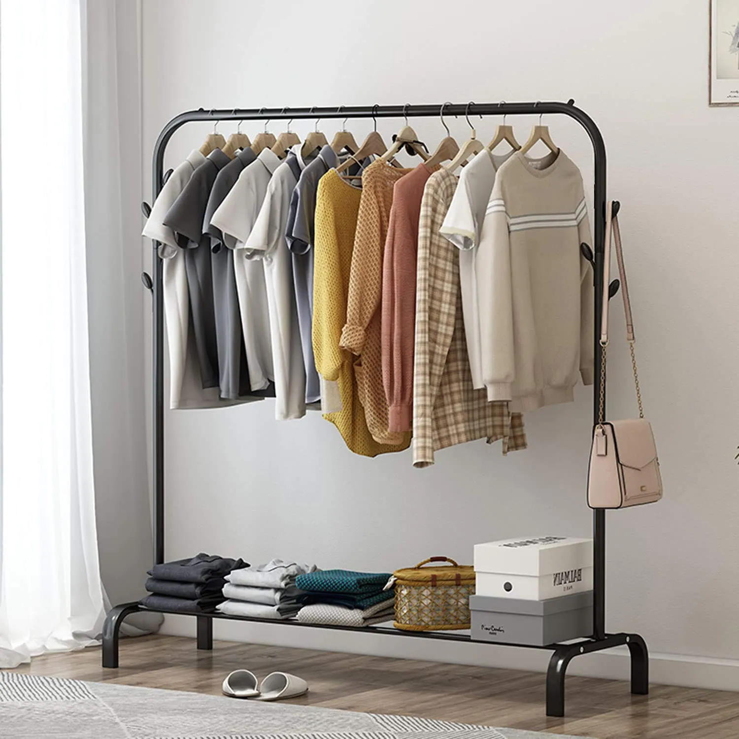 Metal 7 Hook Garment Rack Clothes Coat Stand 105cm-Black